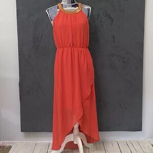 Thalia Sodi Dress Womens M Orange Gold Bead Collar Halter Neck High Low Cocktail